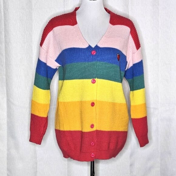 Rainbow Stripe Applique Heart Boring V-Neck Long Sleeve Knit Cardigan Sweater - Picture 3 of 10